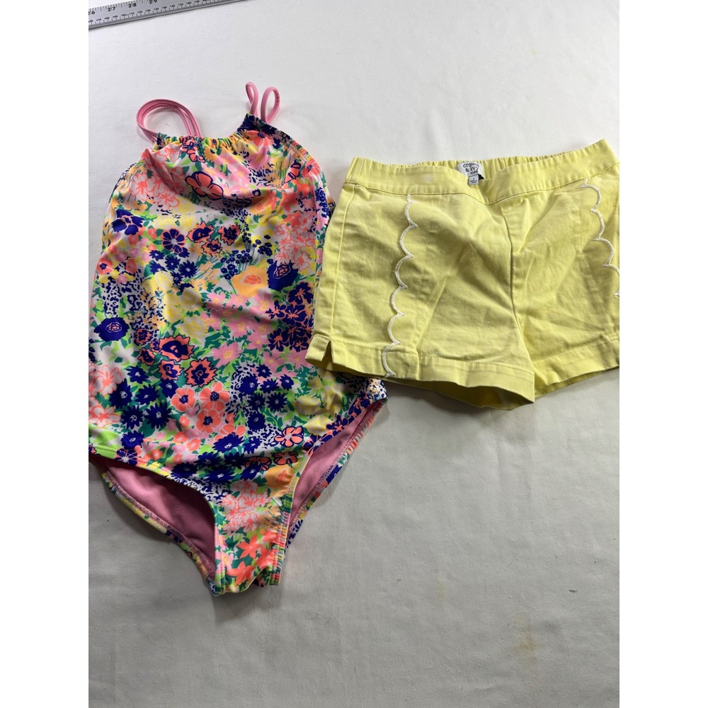 Crown & Ivy Kids Girls Floral‎ Swimsuit 8 and Scalloped Shorts Small Set Yellow